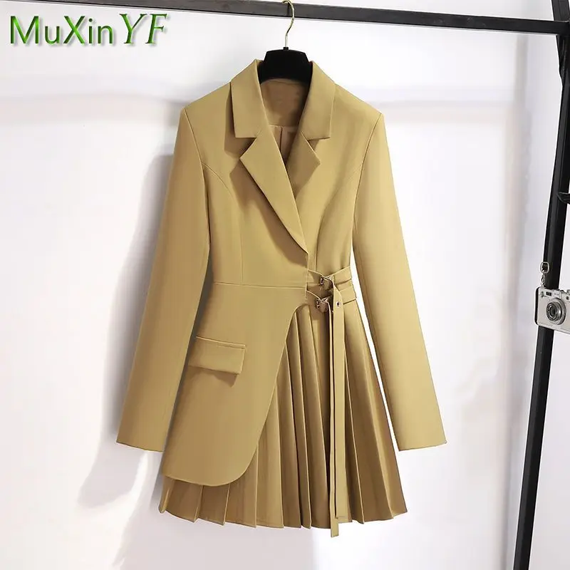 Women\'s Autumn Winter Temperament Midi Suit Coat+Split Micro Flare Pants Two-piece Korean Elegant Fashion New Casual Blazers Set