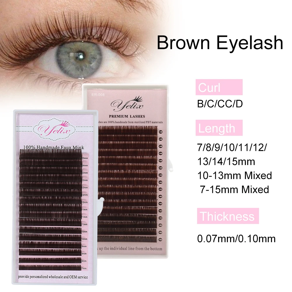 YELIX Brown Lashes Extension 7-15mm Mix Fake Eyelashes Individual Eyelashes High Quality Soft Natural