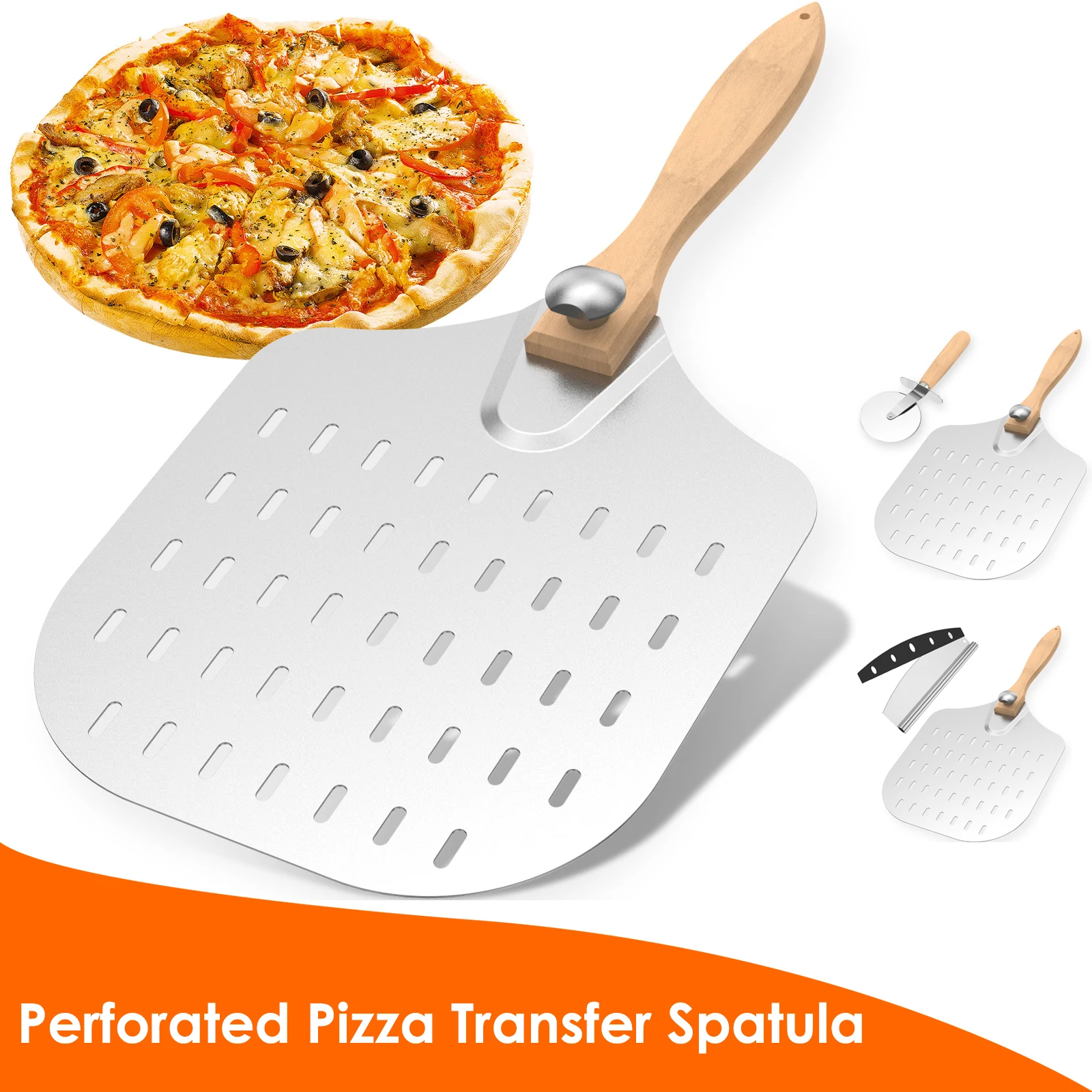 Pizza Transfer Scraper Metal Non Stick Perforated Pizza Paddle with Rocker Cutter Pizza Bread Transfer Tray Kitchen Baking Tools