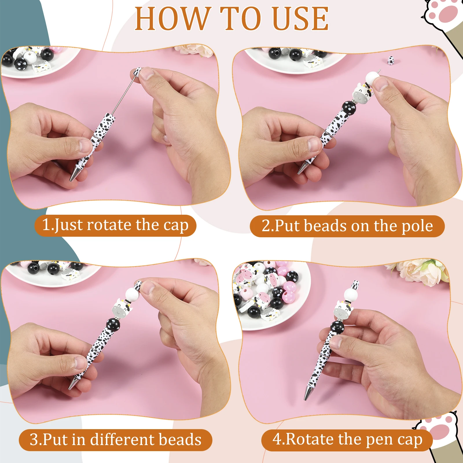 12Pcs Bead Pens DIY Beading Pens Kit Creative Bead Pen Making Kit Refill Replaceable Bead Pen Set Assorted Color Round Beads