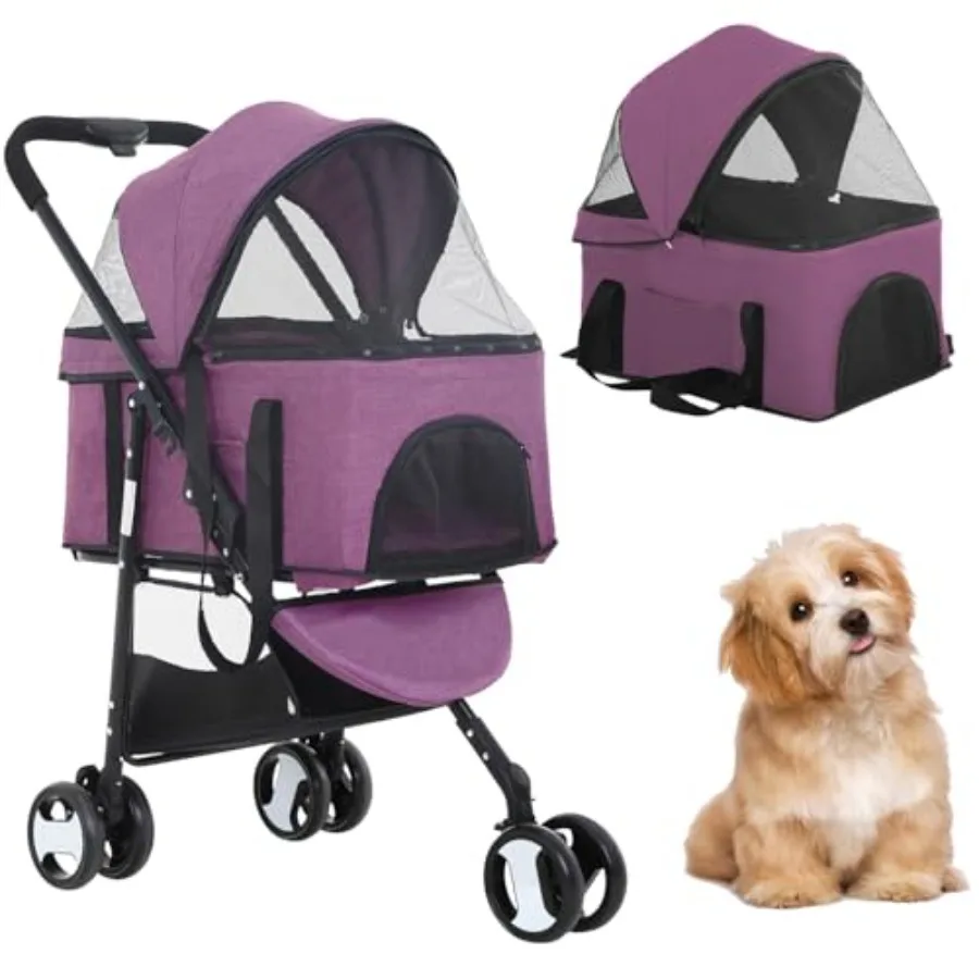 

3-in-1 Dog Cat Stroller with Detachable Carrier, Purple, Aluminum Frame, Foldable Portable Design for Medium and Small Pets