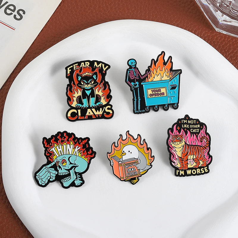 Mental Health Enamel Pins Punk Skull Your Opinion Fear My Claws How To Steal Food Metal Brooch Lapel Badge Friends Jewelry Gifts