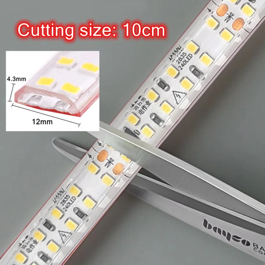 12MM Width SMD 2835 LED Strip 240LEDs/M AC220V Flexible Cuttable Soft Lamp IP68 Waterproof Warm/Neutral/White Light With EU Plug