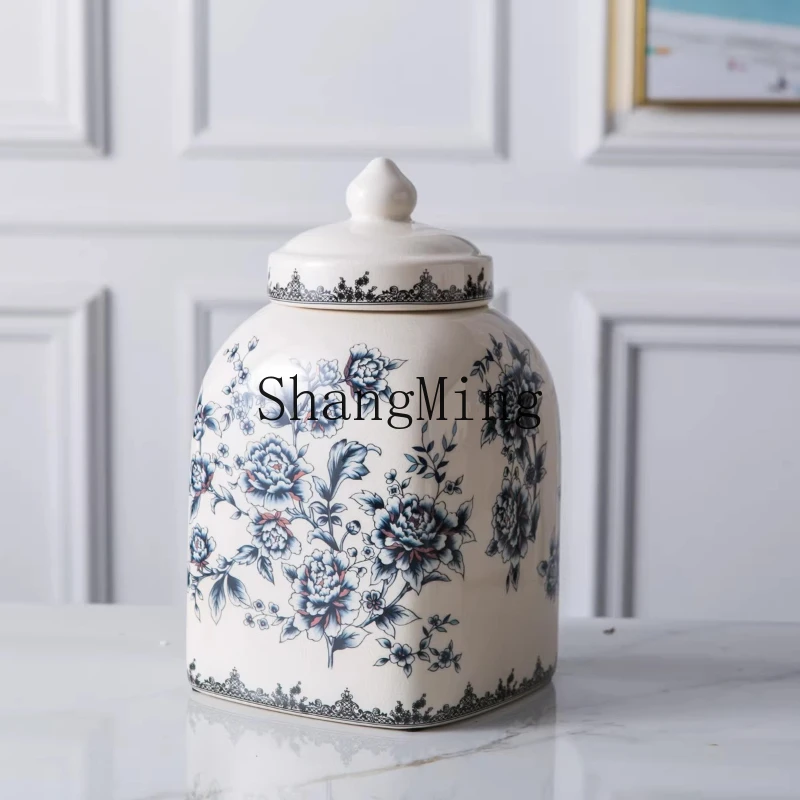

FG creative ceramic tea can new Chinese blue and white living room tea set storage entrance home decoration handicraft ornament