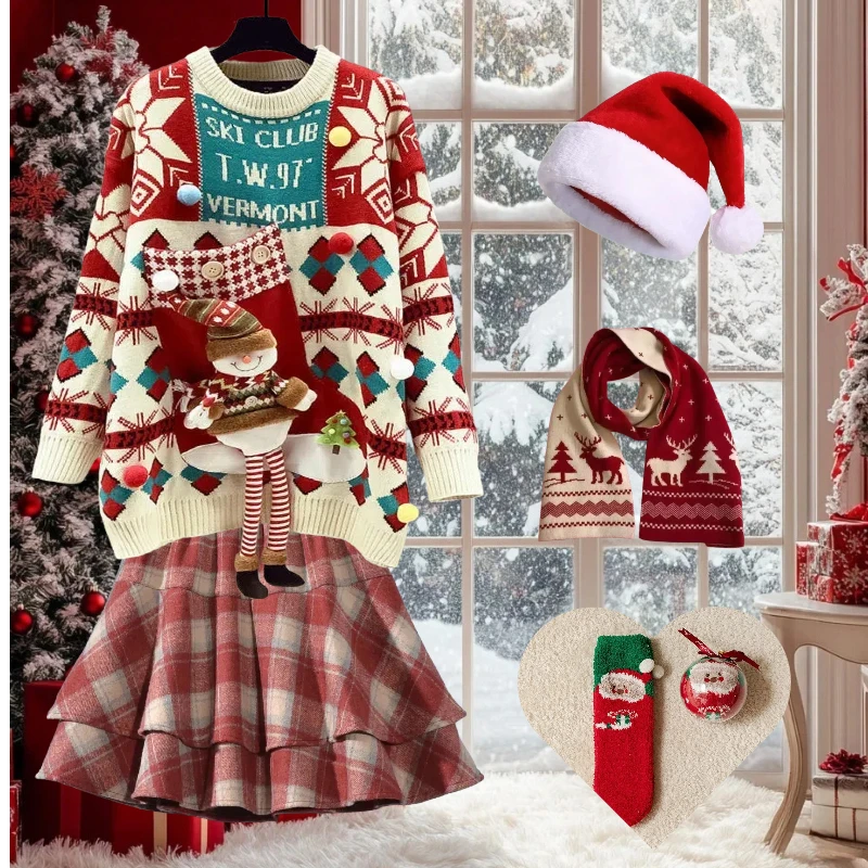 Suéter rojo de Navidad para mujer, falda marrón, Top peludo, uniforme JK, bufanda, calcetines con estampado de Papá Noel, conjunto completo, temporada de invierno, fiesta de Navidad