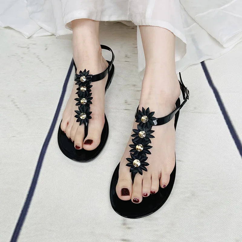Summer Women Crystal Flower Jelly Flat Flip-Flops Adult Non-Slip Beach Thongs Lady Bathroom Home Slippers Everyday Casual Sandal