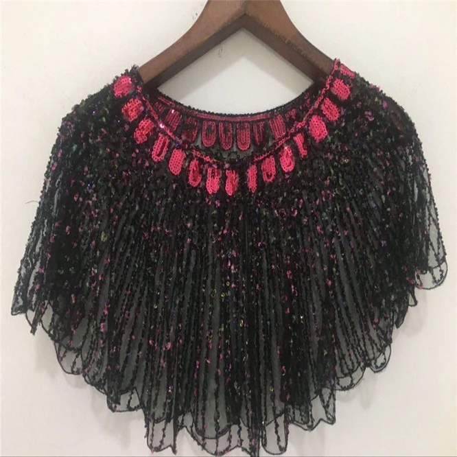 2023 Spring Summer Women Mesh Versatile Small Dress Short Beaded Small Sweater Capes Sequins Lady Cloaks Poncho Black Green