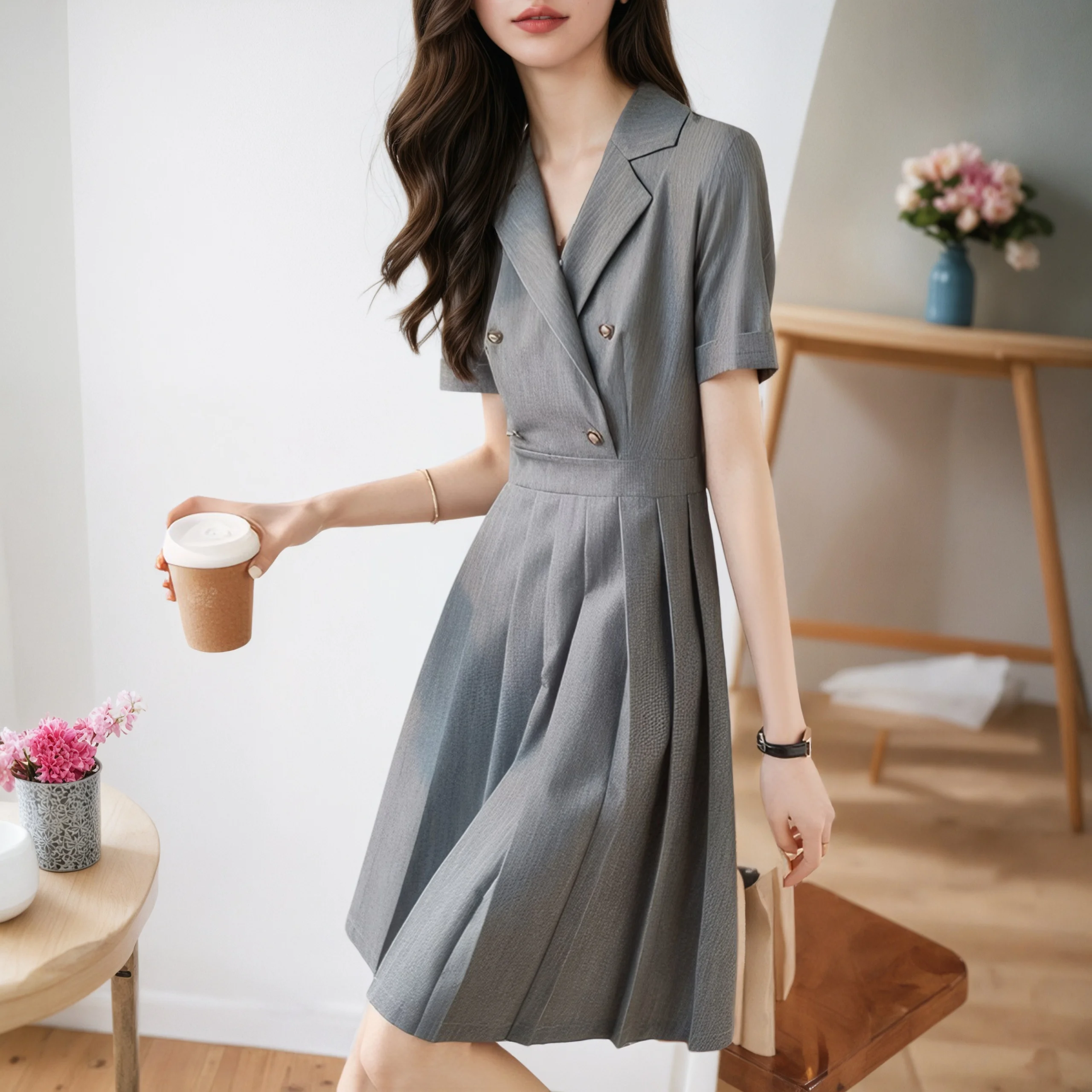 

2025 Women's Summer Short-sleeve Slim Pleated Dress Gray Formal Office Lady Work