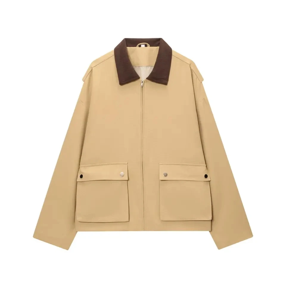 

2026 New Fashion Elegant Splicing Collar Pocket Loose Large Ladies Coat Khaki Olive Multiple Sizes Available