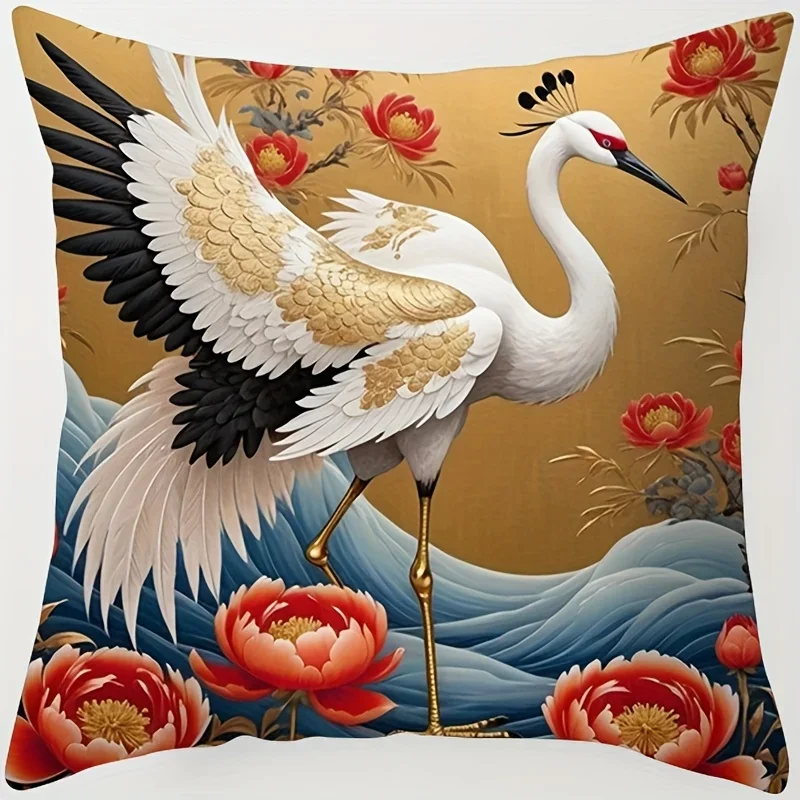Vibrant Crane Floral Art Throw Pillow Covers Set - Decorative Accent for Living Room Bedroom