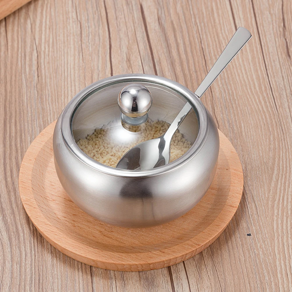 

Transparent Glass Lid Small 304 Stainless Steel Kitchen Seasoning Jar Sugar Cube Container Spoon Salt Pepper Spice Storage