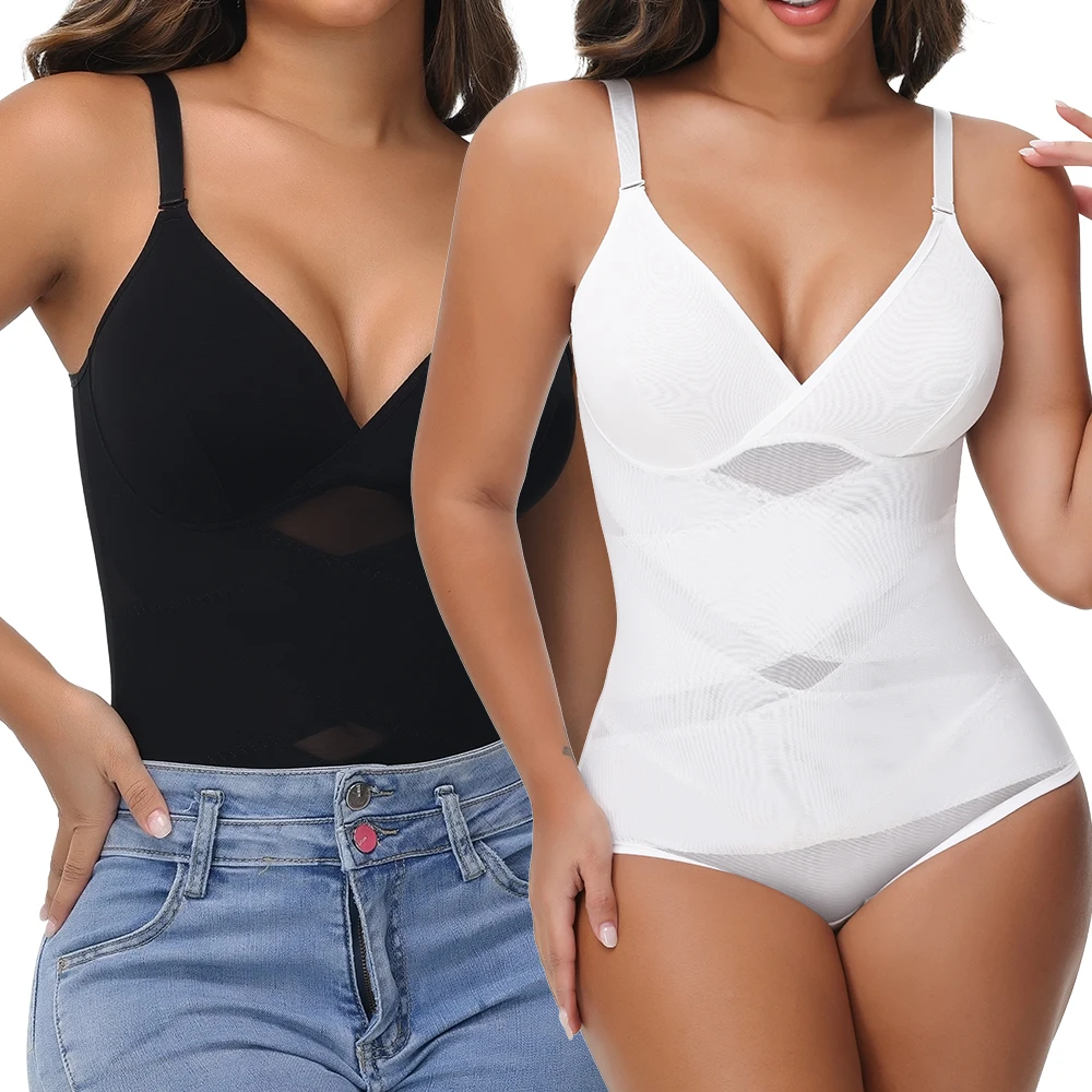 

Cross Waist Bodysuit Sexy Women Briefs Shapewear with Film Coaster Mesh Breathable Suspender Top Tummy Control Ladies Underwear