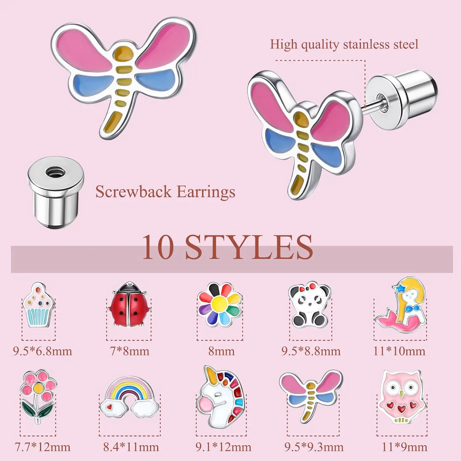 Bobisty 10 Pairs Stainless Steel Screw Back Earrings for Women CZ Heart Butterfly Ball Earrings Cat Rainbow Stud Earrings Set