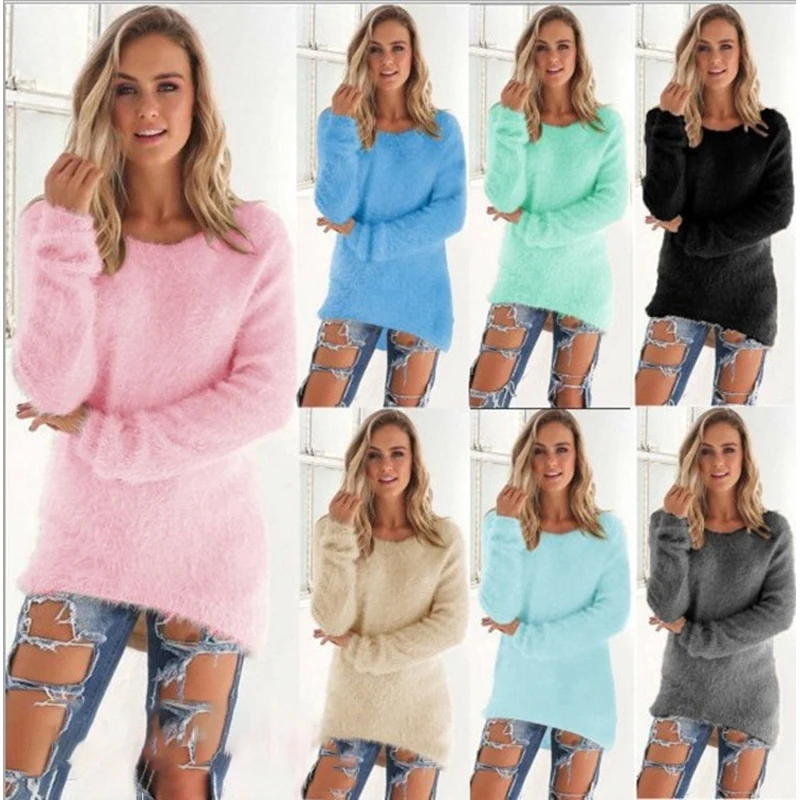 2025 frauen Warme Pullover Einfarbig O Hals Lose Gestrickte Pullover Lange Pullover Casual Bluse Tops Mode Dame Hipster Kleidung