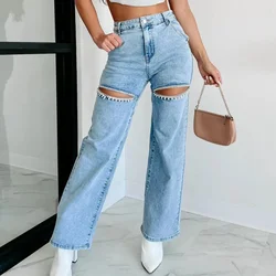 Jeans Women Long Pants Casual Loose Blue Y2k Solid Elegant Splice Straight Trousers Hole High Waist Denim Pant 2024 Summer