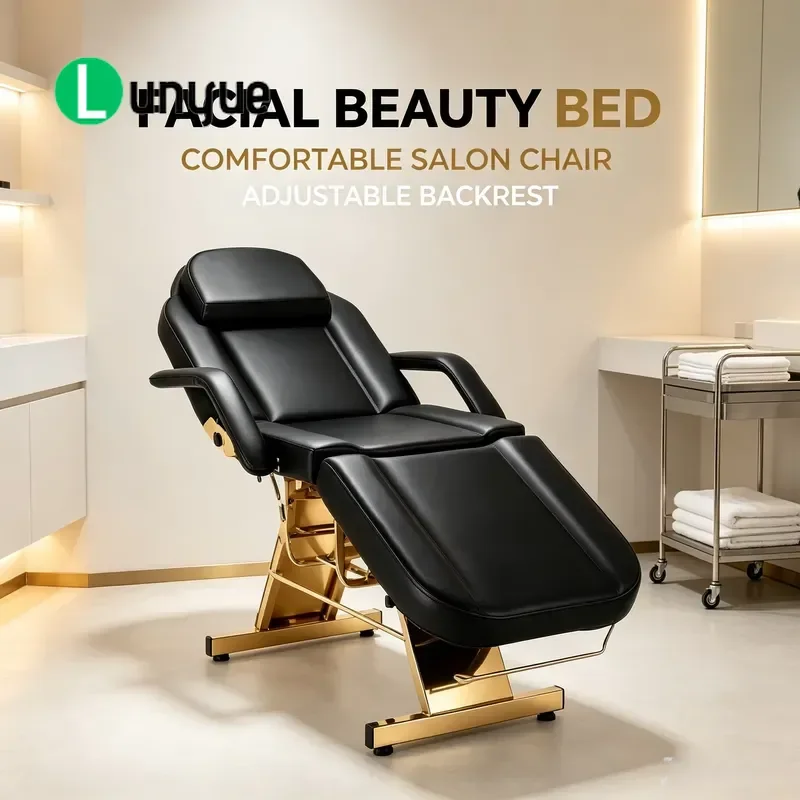 Black Hydraulic Beauty Bed Gold Stainless Steel Base Adjustable Backrest Tattoo Eyelash Massage Chair for Spa