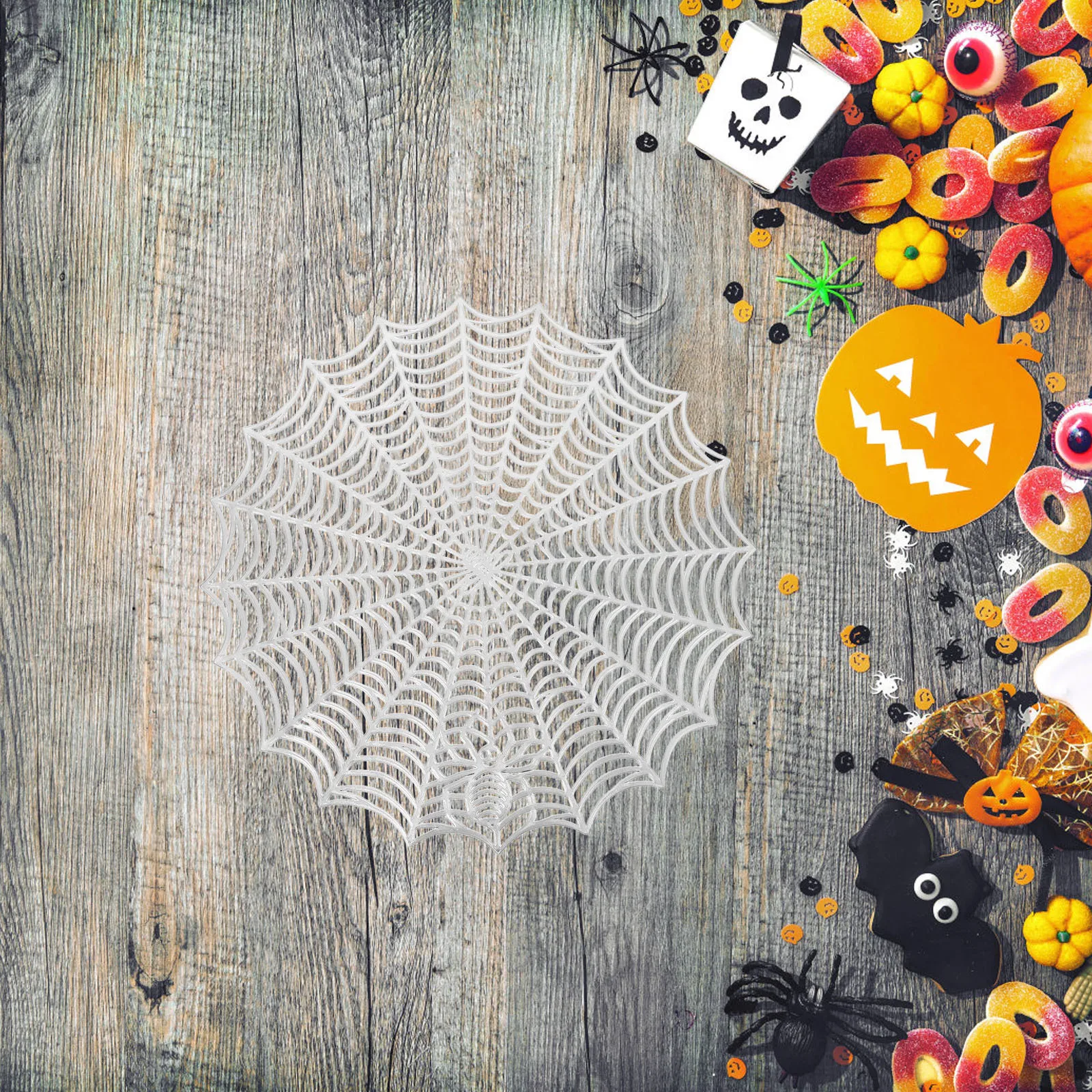 

4Pcs Round Halloween Placemat Set PVC Table Mats Spider Web Pattern Dining Table Decoration Heat Insulation Pad