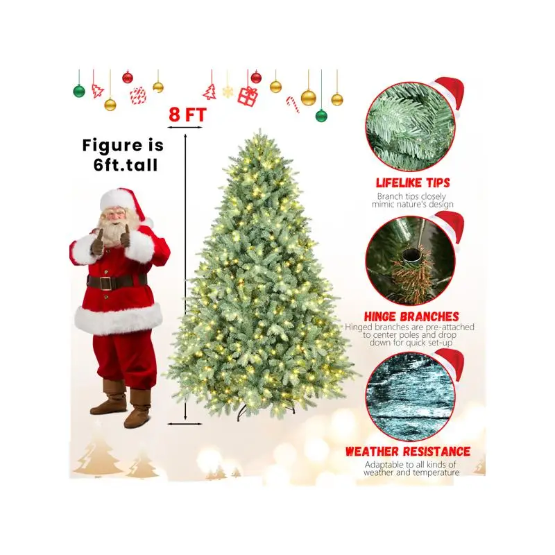 Artificial 8ft Blue Green Christmas Tree with 3308 Mixed Branch Tips, 900 Warm White LEDs, Hinged Base for Indoor Holiday Decor