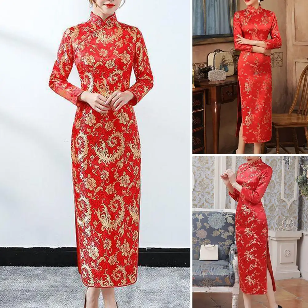 

Традиционное китайское платье Qipao, элегантное винтажное платье макси в китайском стиле с воротником-стойкой и Боковым Разрезом, женское классическое платье Qipao