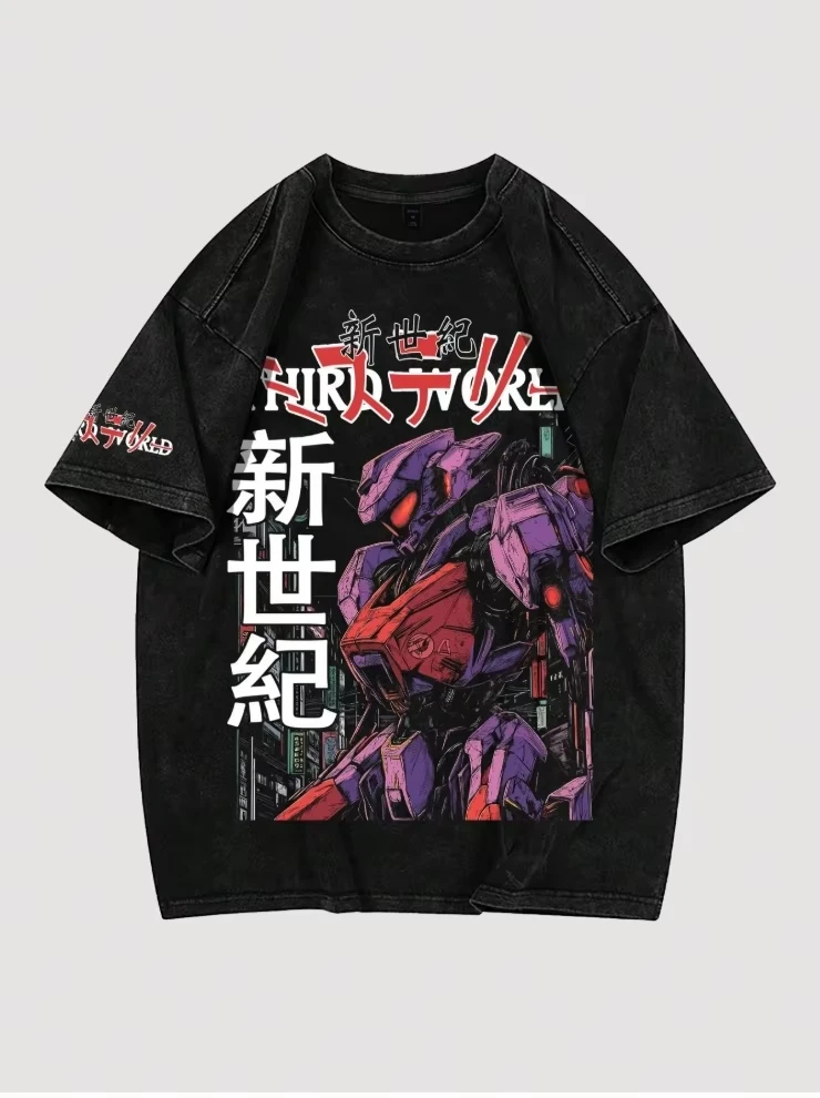 

Japanese animation gospel warrior graphic T-shirt retro washed loose cotton men's and women's same streetwear top