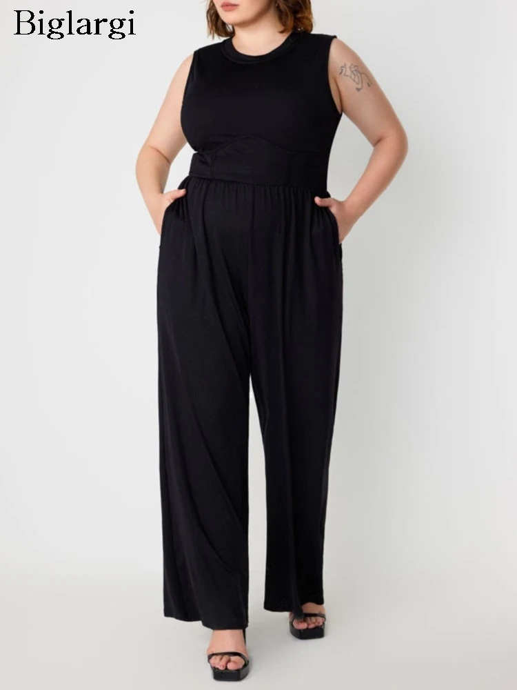 

Plus Size Summer Sleeveless Jumpsuit Women Slim Waist Fashion Ladies Jumpsuits Casual Loose Pleated Woman Wide Leg Jumpsuit