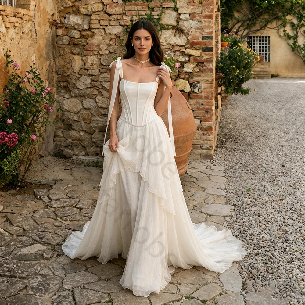 Customized Minimalist Satin Wedding Dress 2026 Square Neck Tie Shoulder Corset Bodice Tiered Tulle Skirt Bridal Gown Luxury