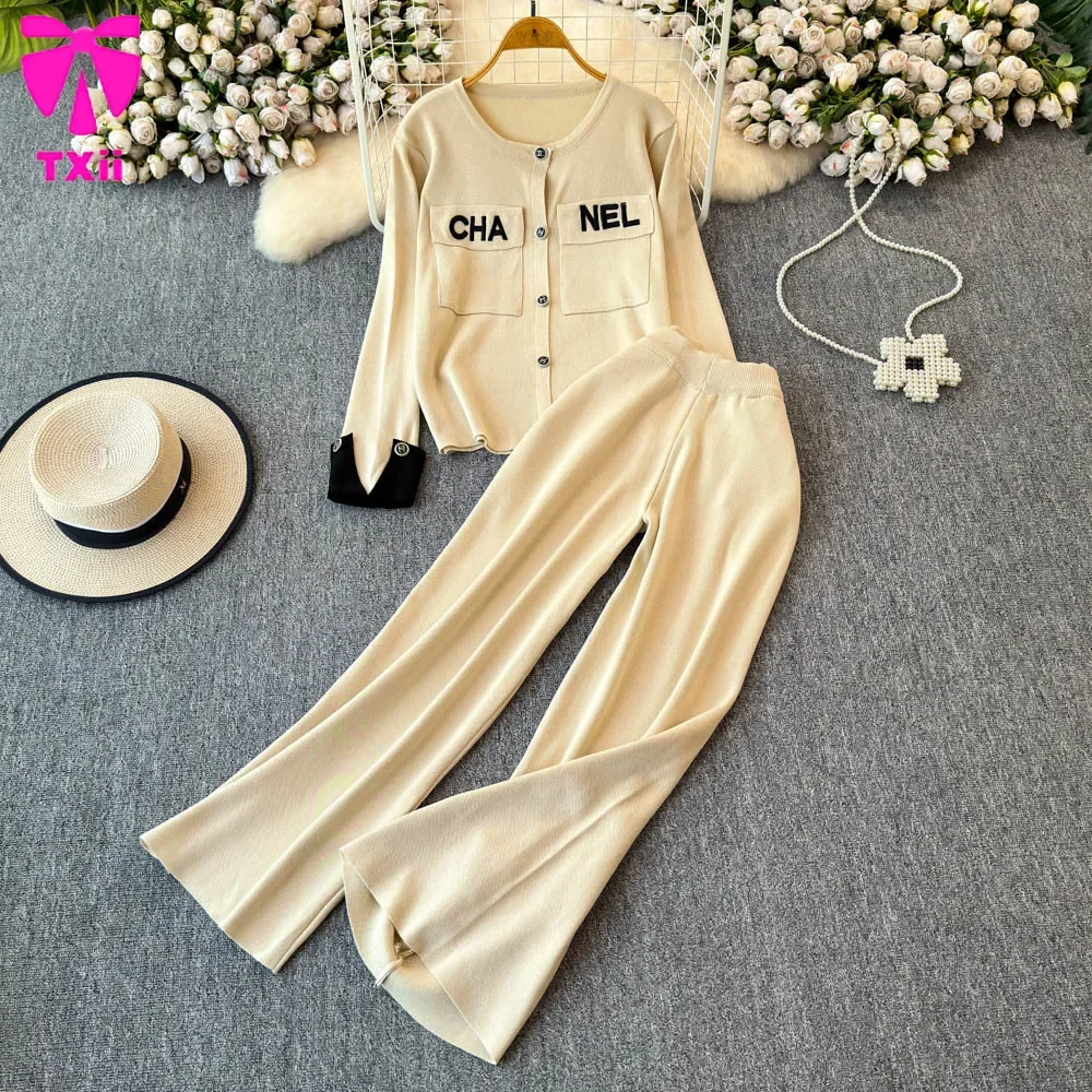 TXii Fashion suit Women's Winter New Round Neck Knitted Long-sleeved Top High Waist Slimming Wide-leg Pants Casual Two-piece Set