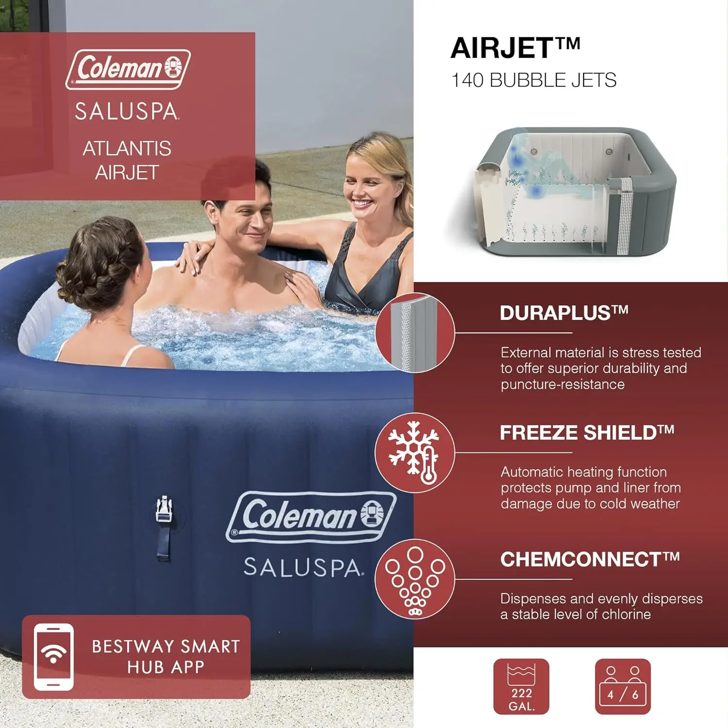 Coleman Saluspa Atlantis Airjet Inflatable Hot Tub W/Set Of 2 Saluspa Underwater Non Slip Pool And Spa Seat And 2 Padded