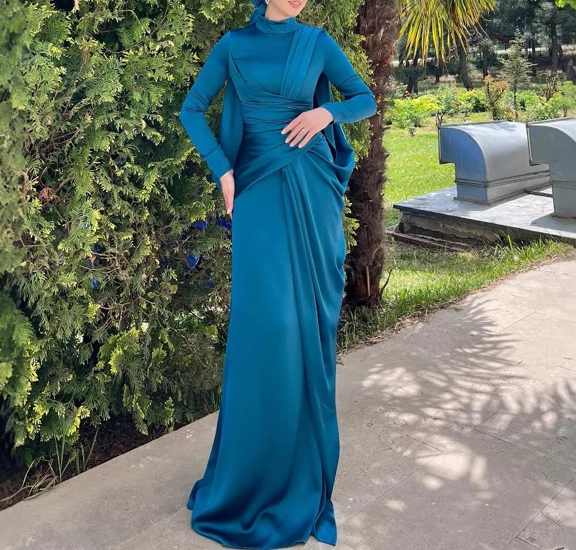 

French Elegant Dresses for Women Luxury Evening Gown Solid Color O-Neck Waist Slimming Ruched Draped Long Sleeve Maxi Dress