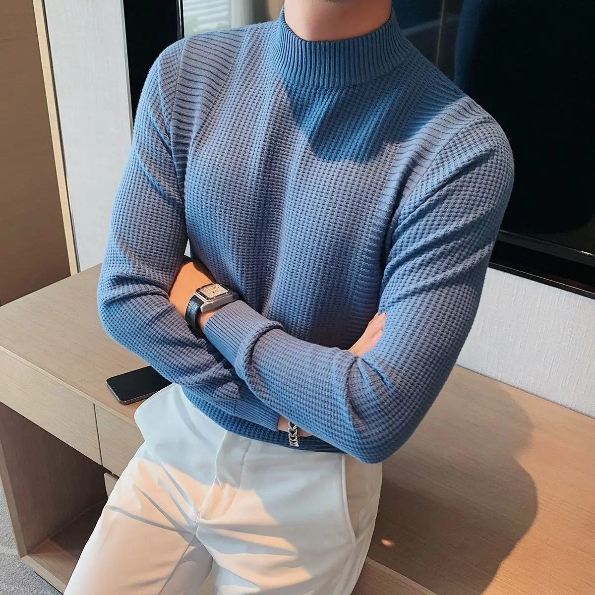 Smart Casual Spring Autumn New Men Sweaters Mock Neck Solid Waffler Fashion Luxury Business Long Sleeve Pullovers Knitted Tops