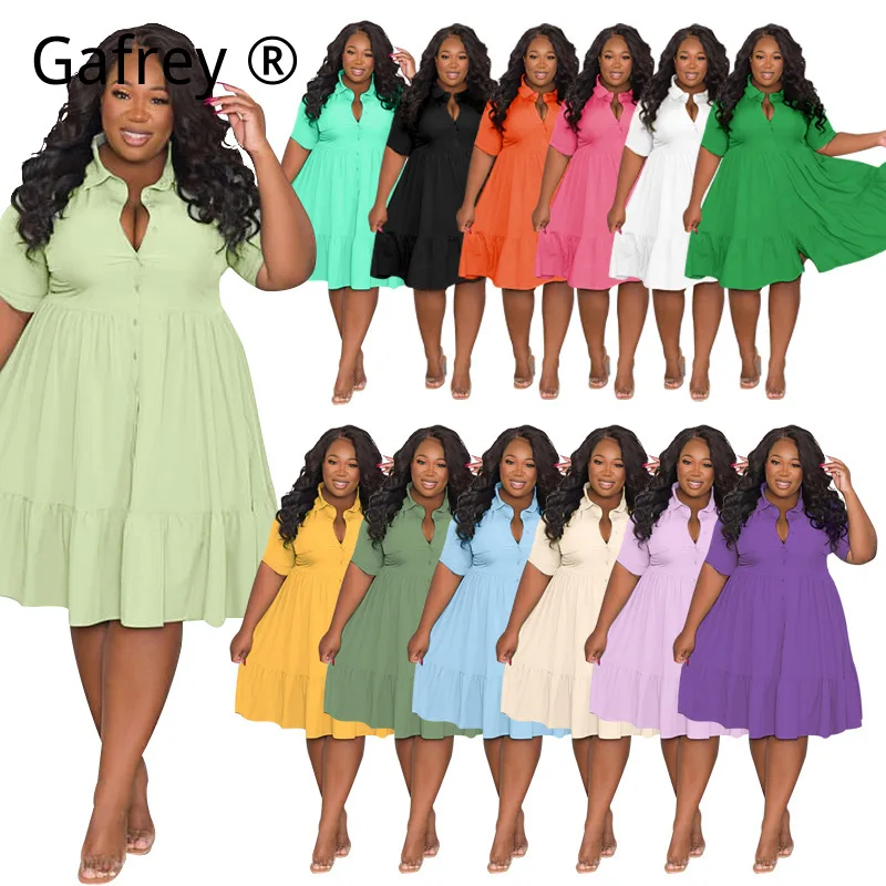 

Plus Size 5XL XL Shirt Dress Women Summer Solid Turn-down Collar Single Breasted Short Sleeve Button Down Casual Fashion Dress