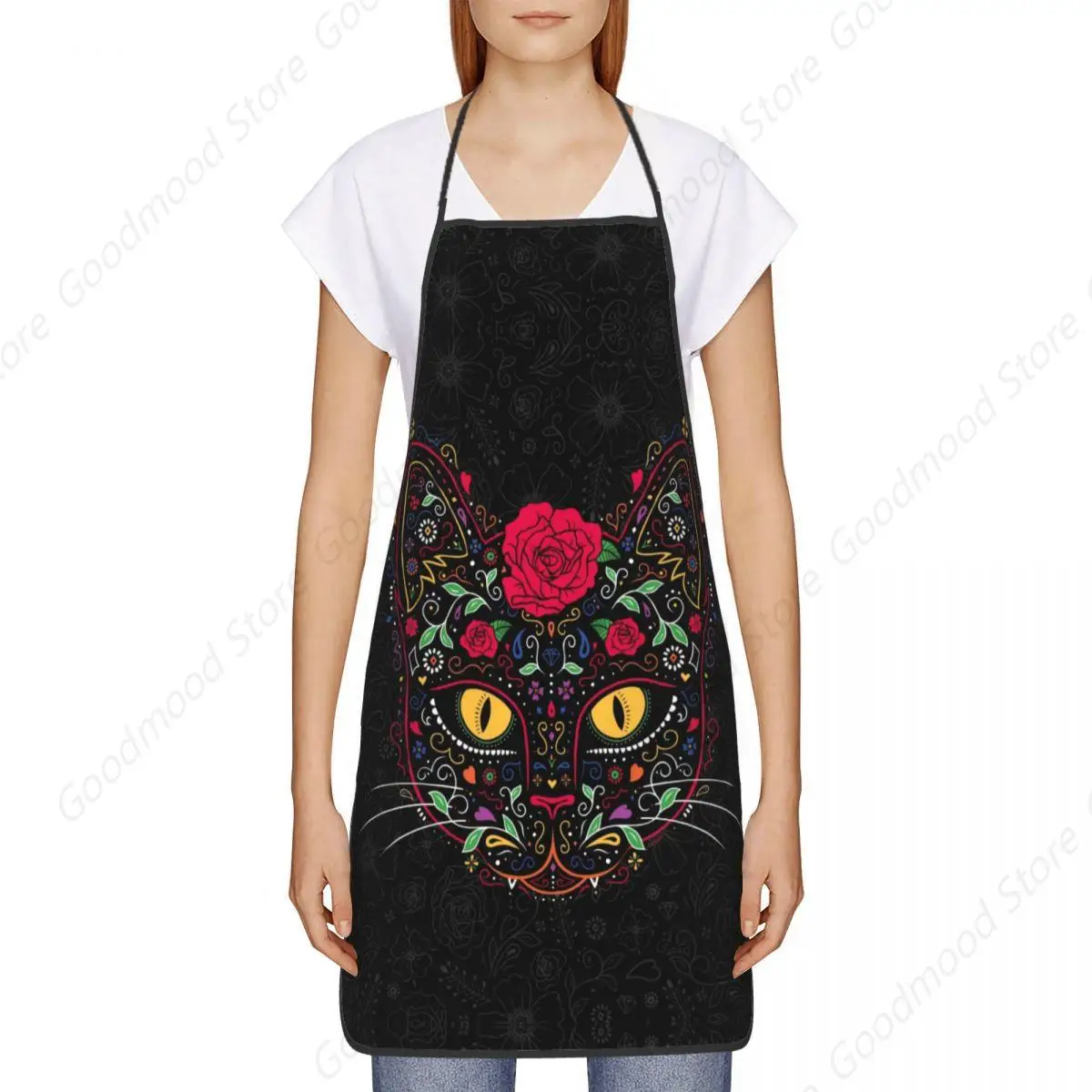 Funny Day Of The Dead Kitten Cat Sugar Skull Bib Apron Unisex Kitchen Chef Mexican Halloween Floral Tablier Cuisine for Cooking