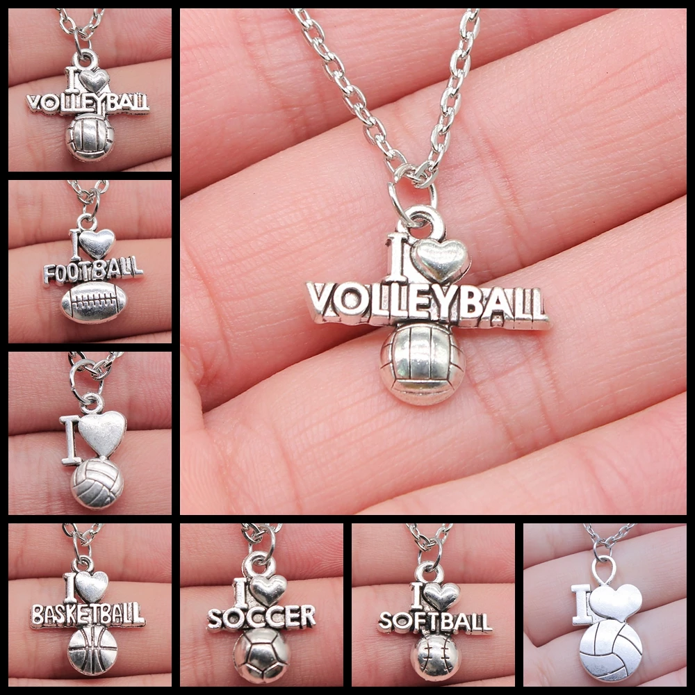 Sport Jewelry Necklace I Love Volleyball Football Basketball Soccer Softball Pendant Necklace Party Jewelry Accessories Gift