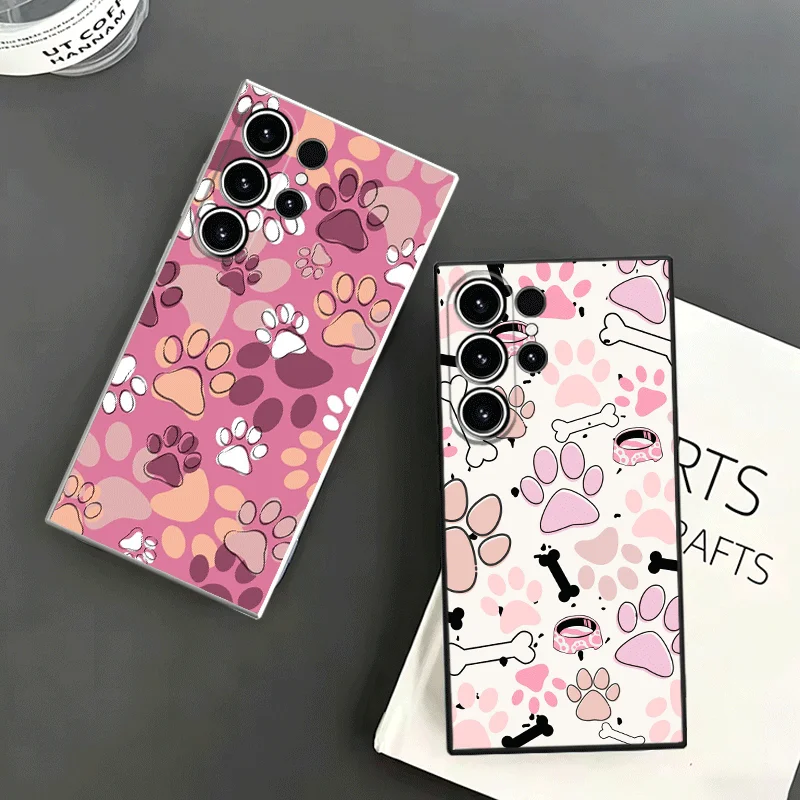 Dog Footprint Paw Cute Pattern Soft Phone Case For Samsung S24 S25 S26 Ultra S23 S22 Plus S21 S20 FE Edge + Black White Couple C