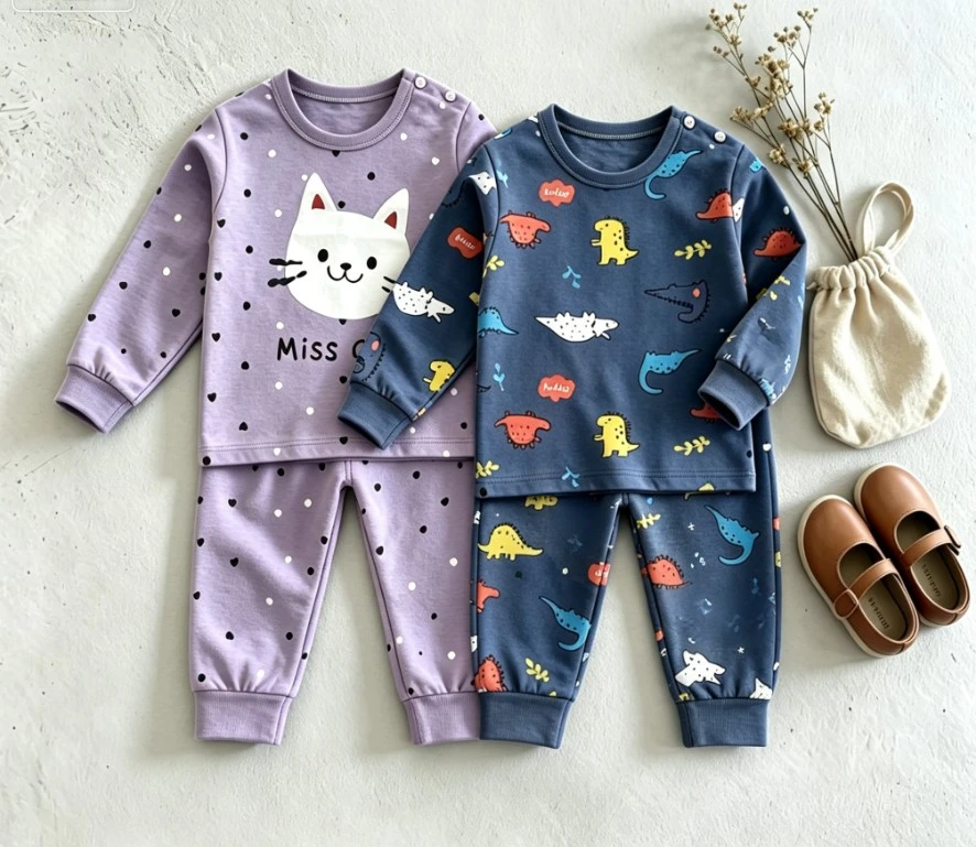 Spring Autumn Children Sleepwear Set Kid Long Sleeve Crew Neck Shirt + Jogger Pants Children Cartoon Pattern Baby Loungewear Set