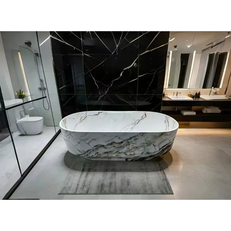Luxury 1.7m Artificial Calacatta Viola Marble Freestanding Bathtub Modern 2-Person Oval Shape Artificial Stone 5-Star Hotel Spa