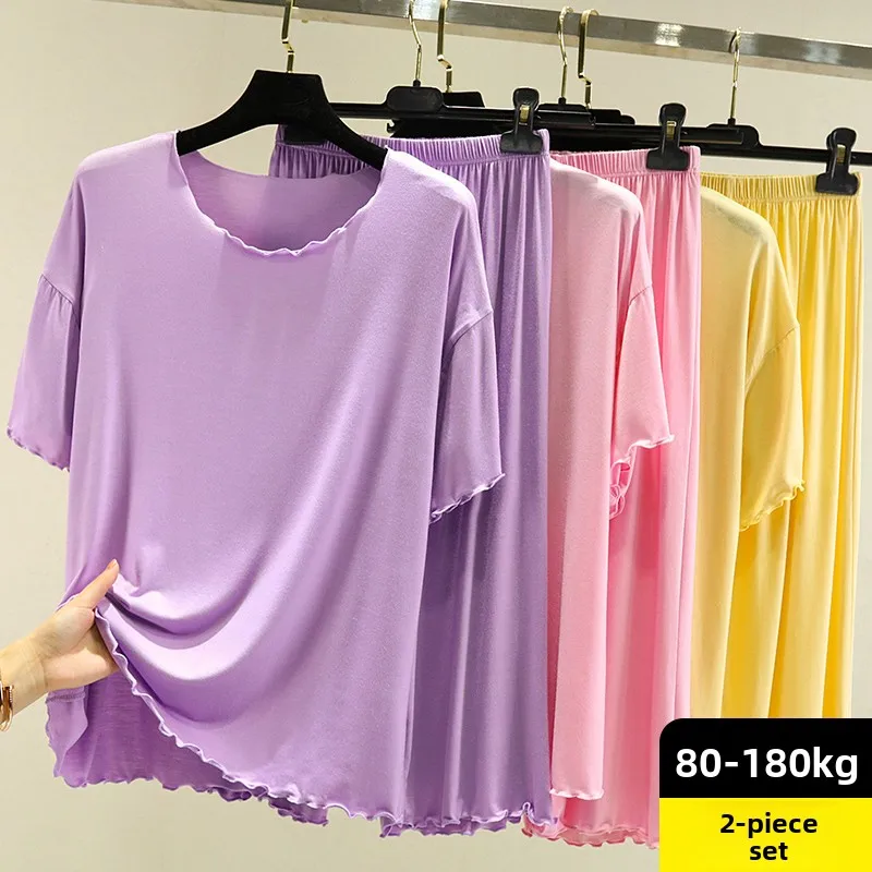 Modal Sleepwear Set Women Summer Loose Seven-Foot Pajama Thin Short-Sleeve T-Shirt Base Layer Top Outdoor Home Clothes