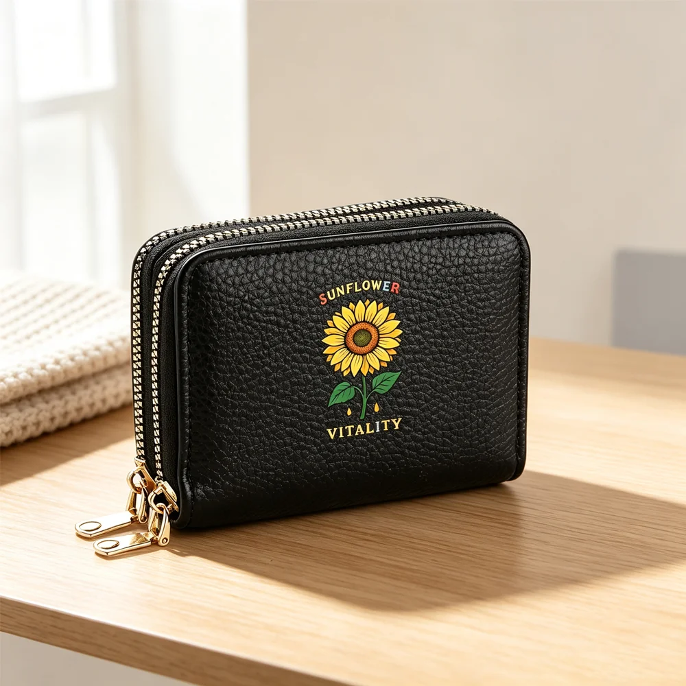 Cute Sunflower Mini Lady's Wallet PU Leather Double Zipper Coin Pouch Multi-Layer Card Storage Portable Card Bag