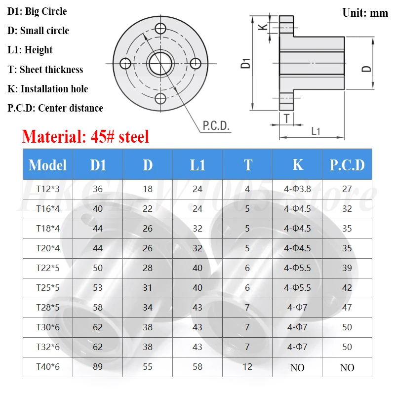 T10-T40 Trapezoidal Lead Screw Nuts Brass/45# Steel Round Flange Nut Right Hand Threaded Lead Screw Nut For CNC 3D Printer