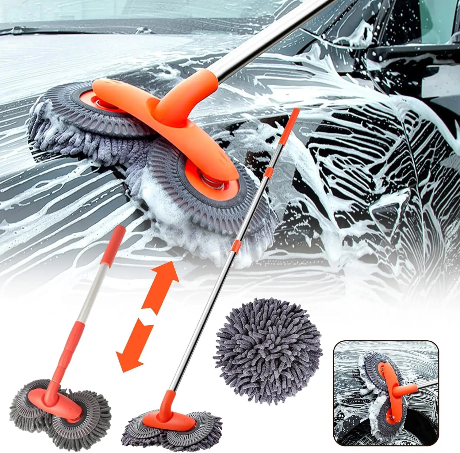 

Car Wash Brush with Long Handle Microfiber Car Wash Mop Telescopic Soft Chenille Plush Double Head Brush Car Cleaning Tools Kit