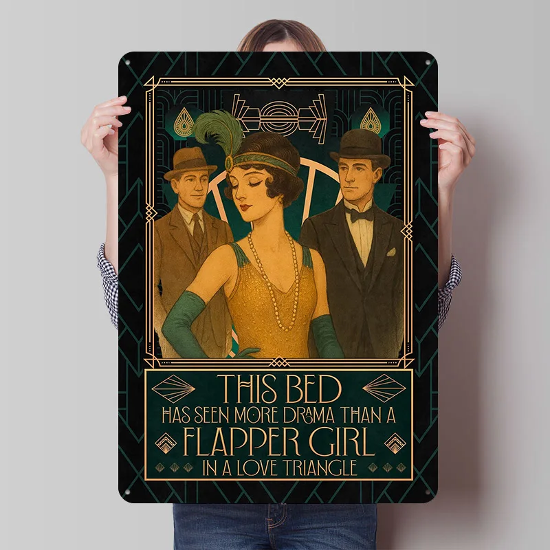 Flapper Girl Love Triangle Tinplate Posters Customizable Wall Art Retro Vintage Metal Signs for Home Room Decoration Aesthetic