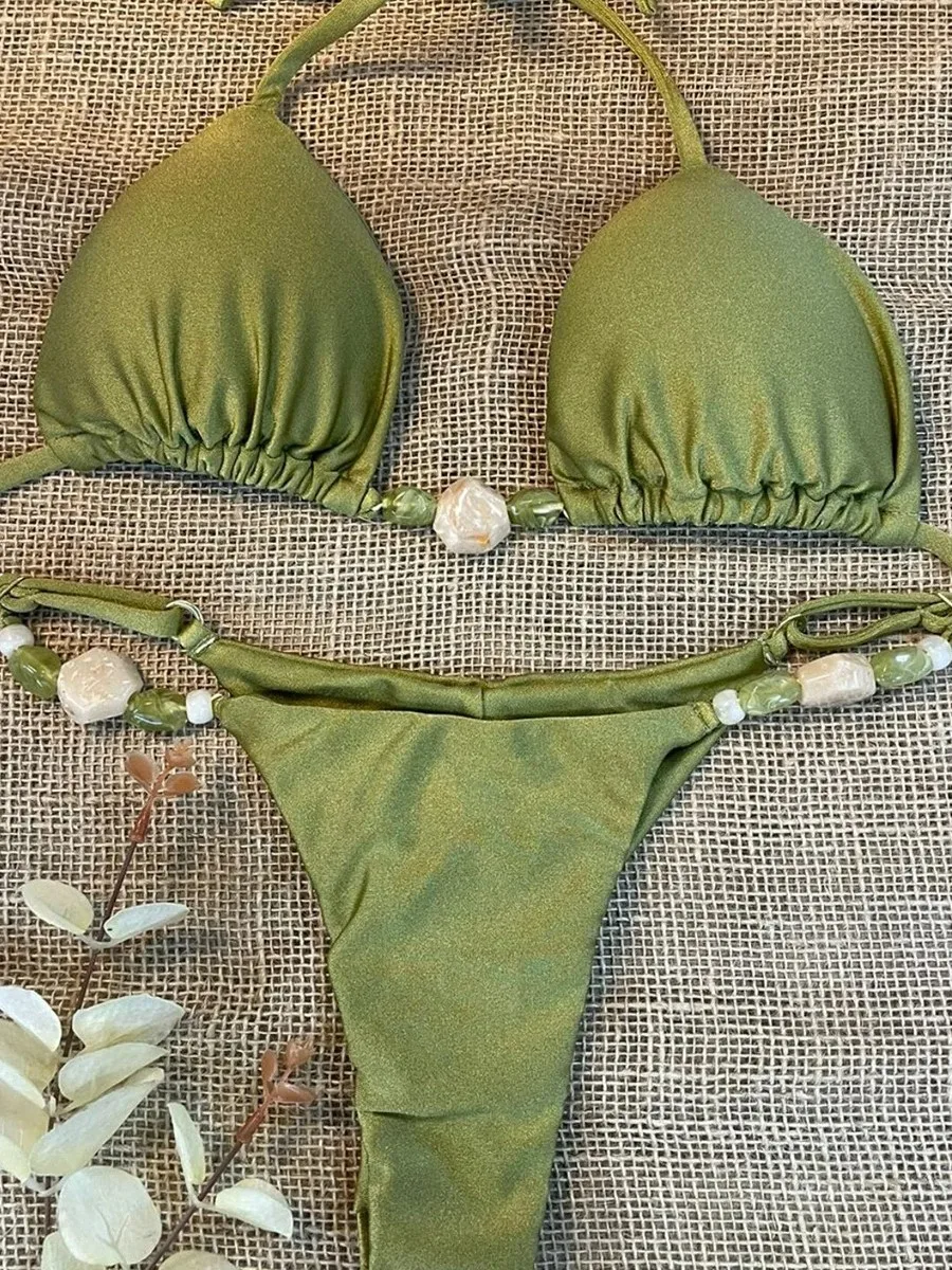 

European American Style Sexy Bikini Solid Color Split Women's Swimsuit Fashion Bead Chain Tight Bathing Suit 2025 Summer New