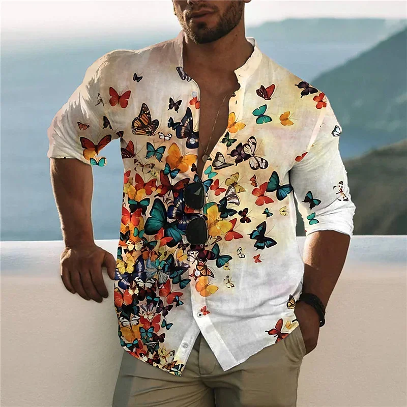 2023 New Men's Shirt Colorful Butterfly Parrot Print Short Sleeve Shirt Casual Men's Top Lapel Cardigan Shirt