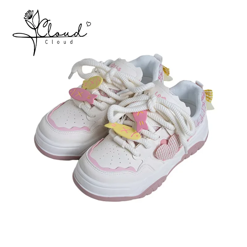 

OYNN YOUNG 2024 Soft Shoes Girl Cute Big Head Off White Flat Shoes Platform Pumps Tenis Versatile Skateboard Women Sneakers