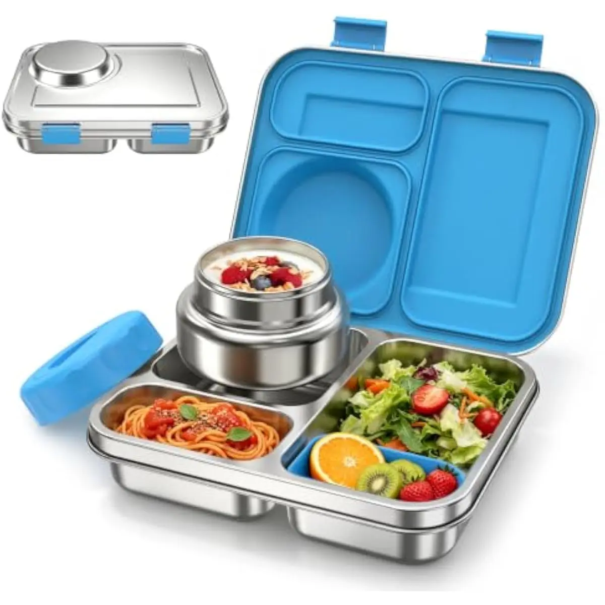 Stainless Steel Bento Set with Vacuum-Insulated 240ml Soup Jar, Three-Separated Compartment Design, Dishwasher-Safe, Food-Grade
