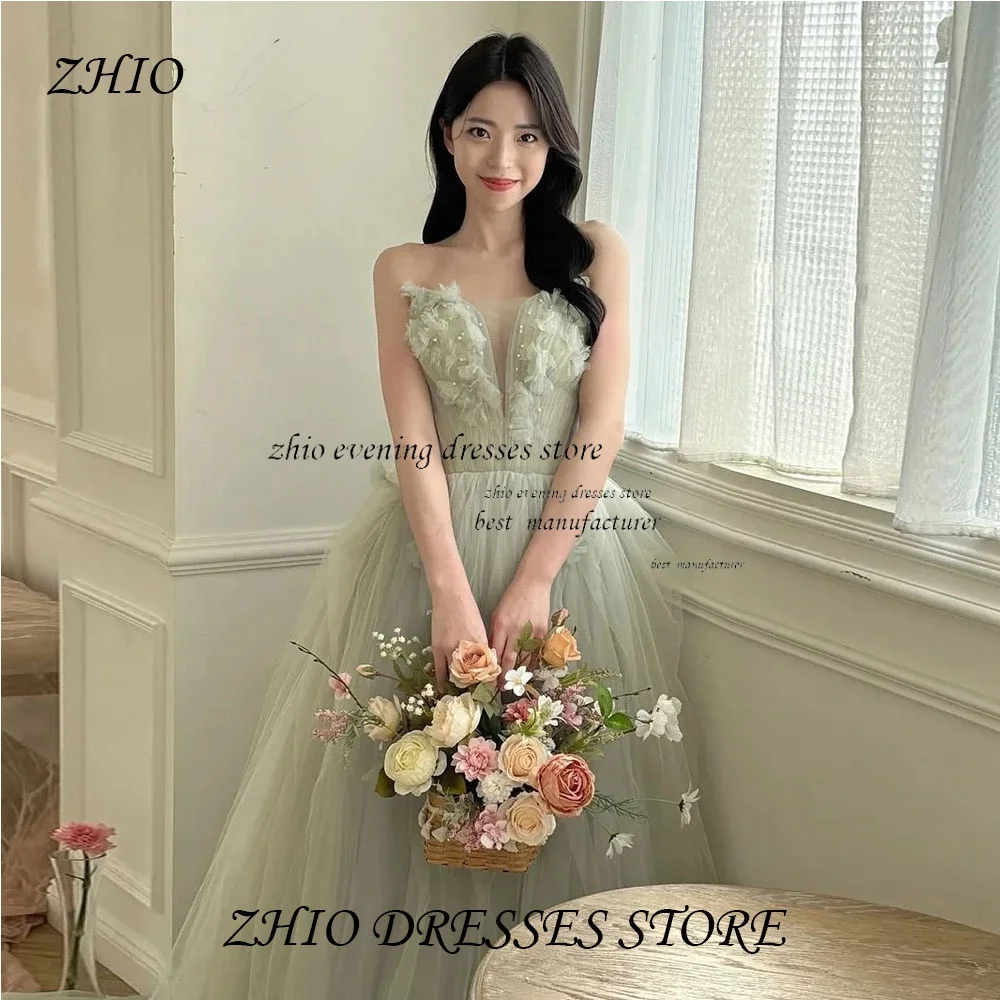 ZHIO فساتين حفلات بسيطة على شكل حرف a باللون الأخضر الفاتح من التل فساتين زفاف كورية بدون حمالات مخصصة مشد فساتين سهرة لحفلات الزفاف