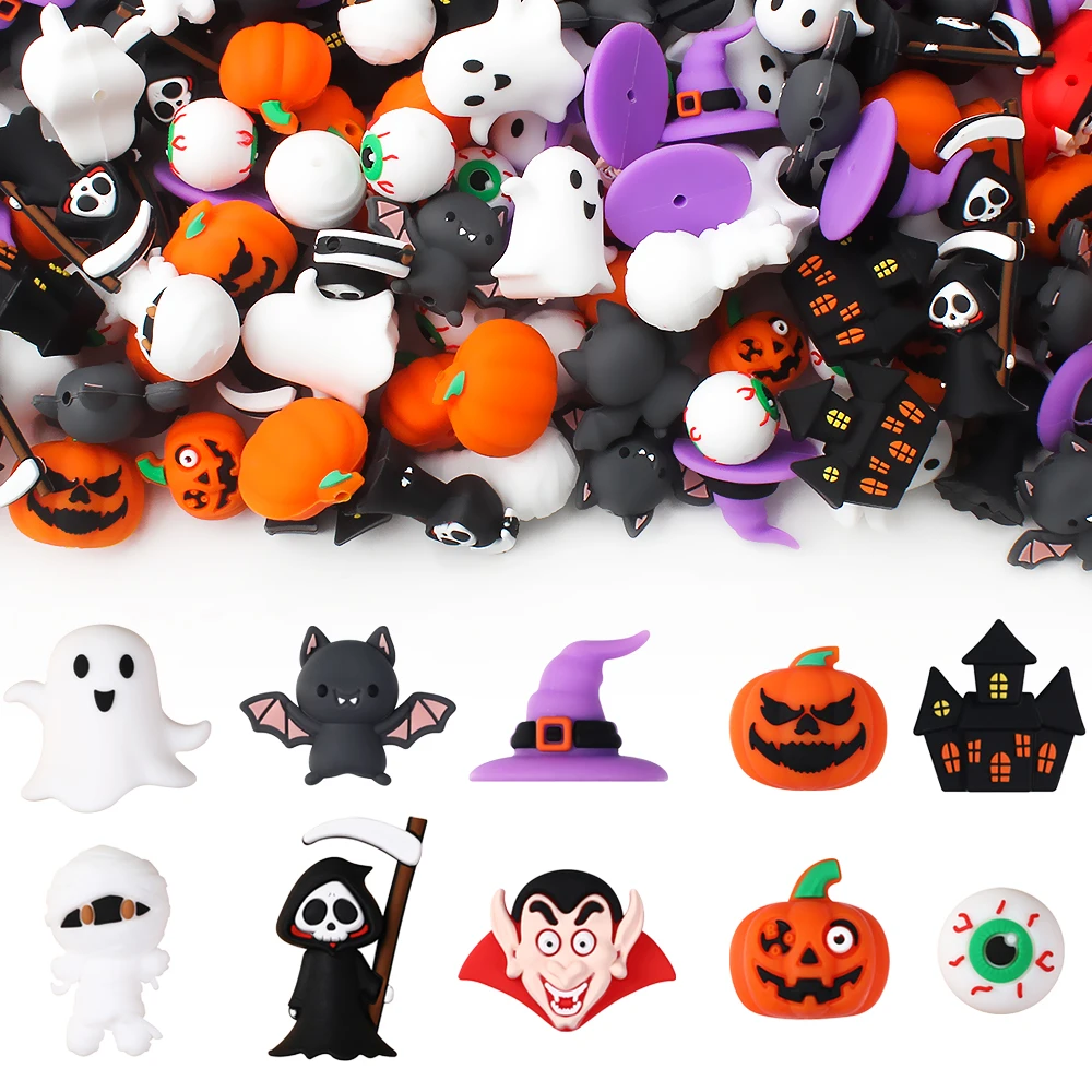 50/10/5pcs 3D Silicone Beads Halloween Theme Wizard Pumpkin Focal Beads for DIY Jewelry Making Creative Crafts Pens Keychains