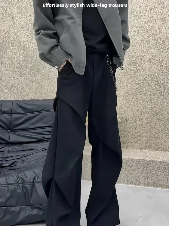 Cleanfit Men's Summer Wide Leg Pants Ice Silk Suit Trousers Drapey High-End Feeling Youth Casual Long Pants Pure Color