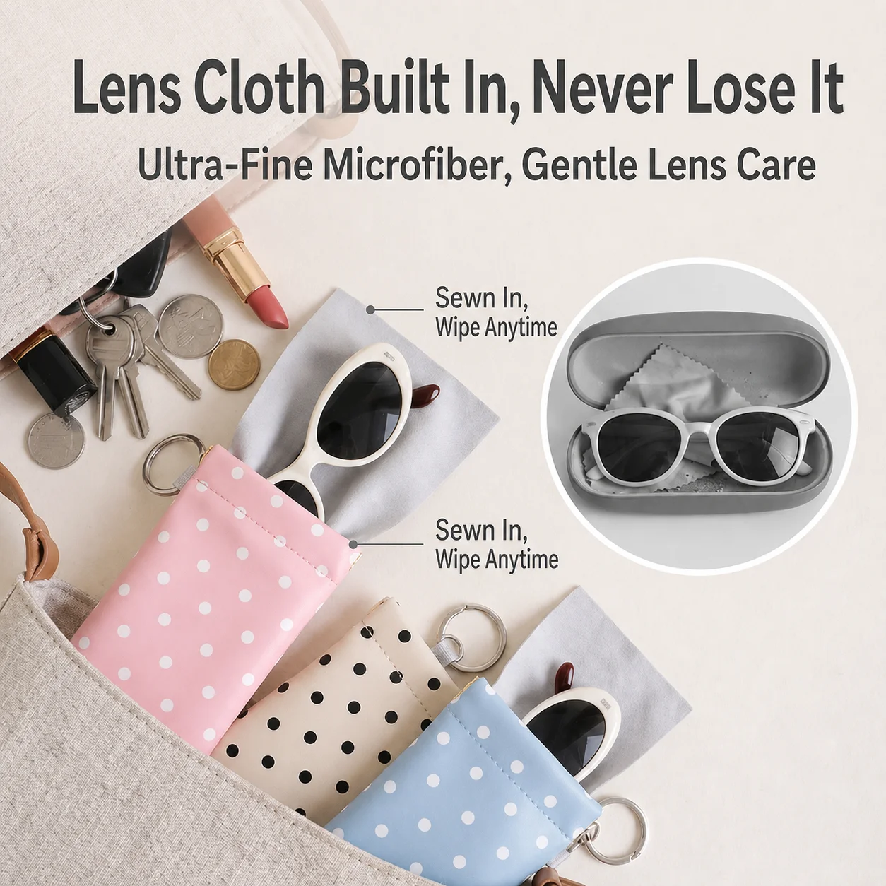 Sunglasses Storage Bag Polka Dot Glasses Case Eyeglasses Pouch Water-Resistant Hanging Clip Glasses Bag For Travelling Outdoor