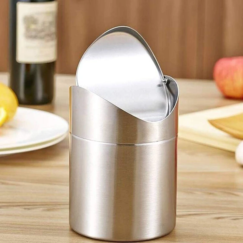 Stainless Steel Desktop Waste Bin Office Desk Storage Bin Mini Flip Lid Household Car Waste Bin Kitchen Office Desk Trash Bin